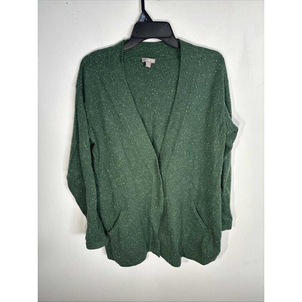 J. Jill cardigan long sleeve green w/ confetti 2 frnt pockets Sz M Angora Blend